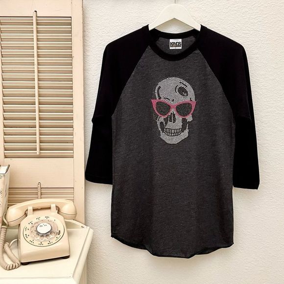 Bling Skull Raglan Sleeve Baseball Tee, Small, Kings of Cole, Gray & Bla… - Picture 1 of 5